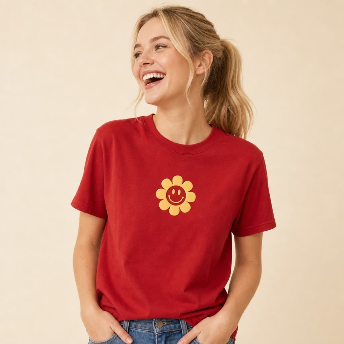Super Smiley Tee worn by a model